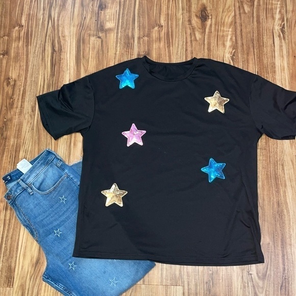 Shein womens XL tshirt top black Sequin star appliqué design basic short sleeve - Picture 1 of 5